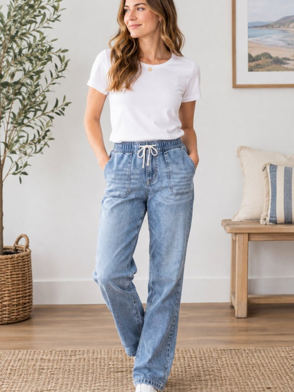 GAP Women's SuperSoft Pull-On Jeans Small S Light Wash Elastic Drawstring Waist